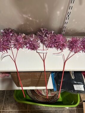 Celebrate It Pink Metallic Tinsel Pom Pom Picks with Red Stems